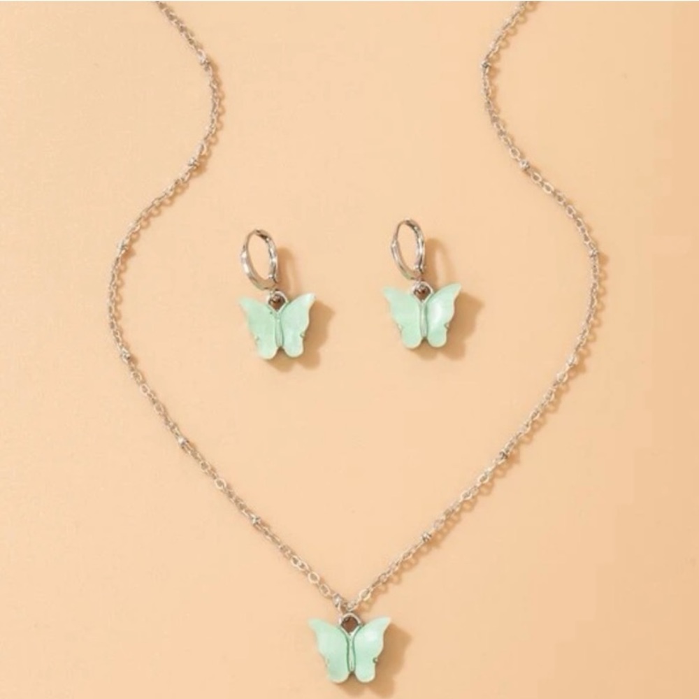 Mint Green Butterfly Necklace & Earrings